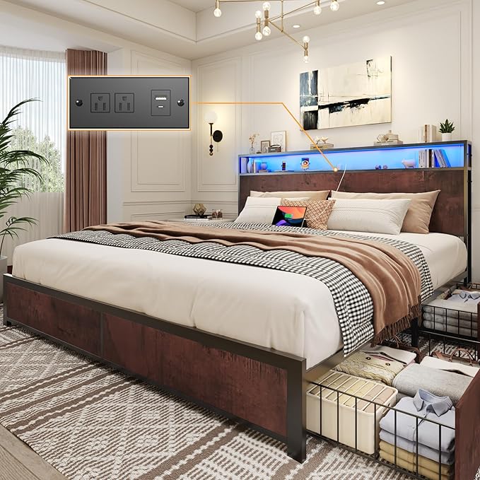 Lifezone King Bed Frame with 2-Tier Storage Headboard, Metal Platform Bed Frame with 4 Storage Drawers, Built in Charging Station & LED, Noise-Free/Metal Support/No Box Spring Needed, Coffee Brown