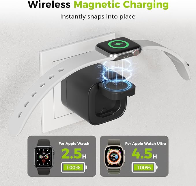 Charging Blocks for Apple Watch CHARCO 35W Retractable USB C Charger Block | 1 USB C and 1 USB A Wireless Smart Watch Charger with Foldable Plug Compatible with iPhone AirPods iWatch 1 Pack. With