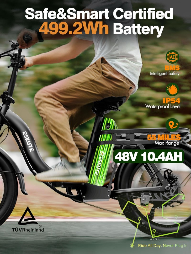Elecby 1200W Peak Folding Electric Bike for Adults, 28MPH 48V 10.4Ah Removable Battery, 55-Mile Range, 20"x3" Fat Tire, Step-Thru Ebike with Basket 7-Speed – Commuter E-Bike Grey