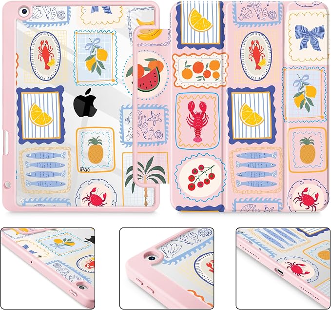 Case for iPad 9th/8th/7th Generation 10.2-Inch (2021/2020/2019 Release) with [Built-in Pencil Holder] Shockproof Cover with Clear Transparent Back Shell &amp Auto Wake/Sleep - Blue Bows