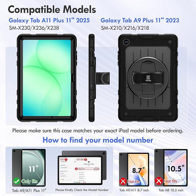 Case for Galaxy Tab A11 Plus 11 Inch 2025 and Galaxy Tab A9 Plus 11 Inch 2023 Heavy Duty Shockproof Rugged Protective Case with 360 Rotating Stand Kickstand Hand Strap and Shoulder Strap