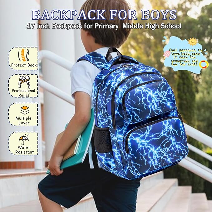 Kids Backpack Boys Lightning Backpack with Lunch Box Kindergarten Elementary Middle School Travel Sport Blue Bookbag for Boys Ages 4-14, Flash Lightning-Blue