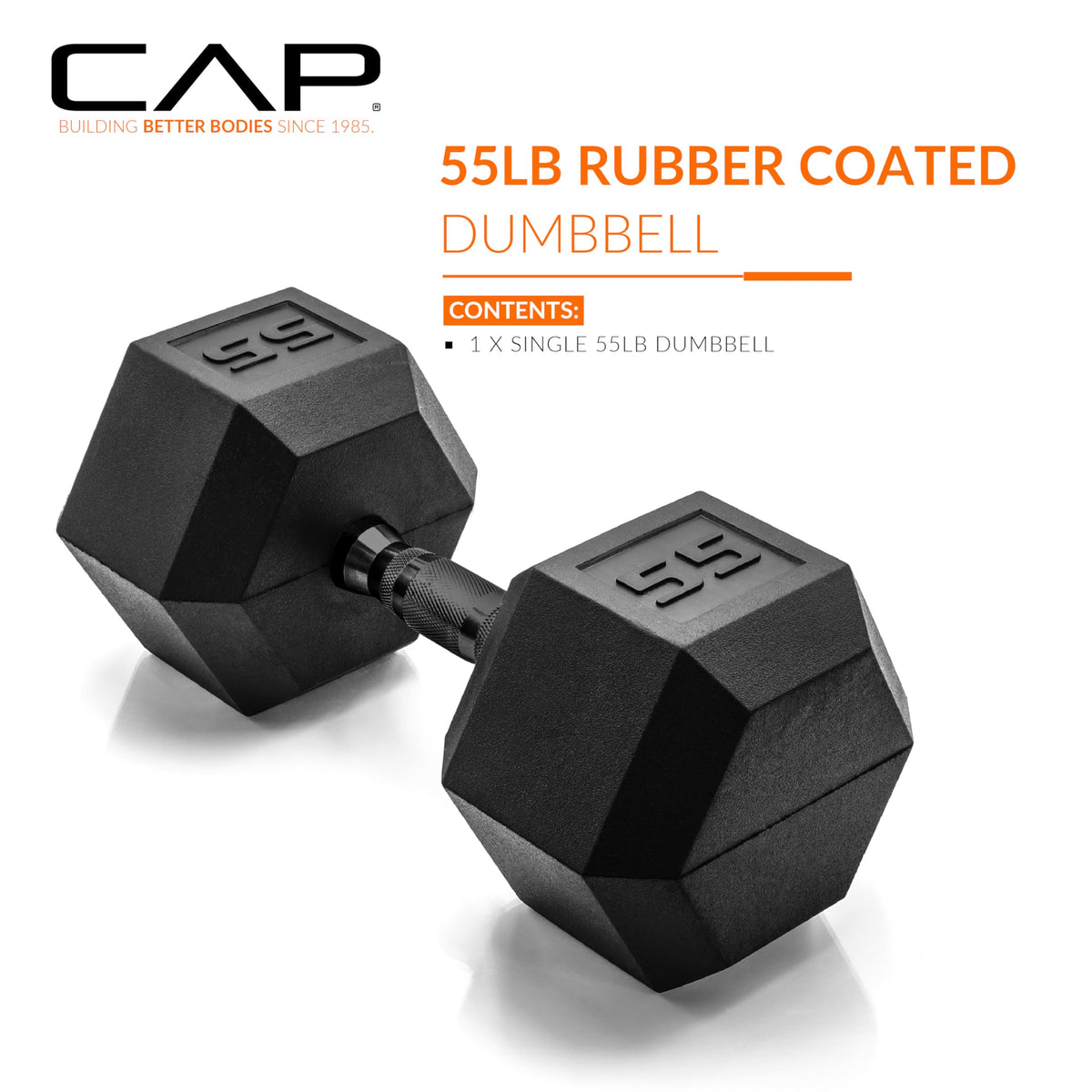 CAP 55 LB Rubber Coated Hex Dumbbell Weight, Rubber Free Weights for Home Gym Strength Training, Black Oxide Handle, Single