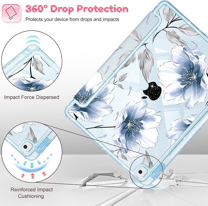 Mektron Sparkly Case for iPad 10.2 inch Glitter Tablet Cases for iPad 9th Gen 2021/8th Gen 2020/7th Gen 2019 Cover with Shiny Clear Back Shell Foldable Bling Smart Cover Blue Floral