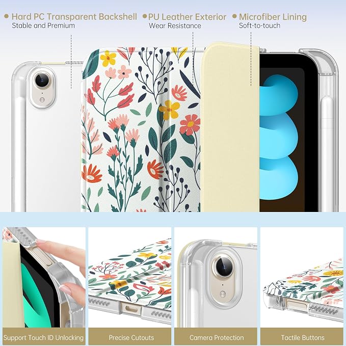 MoKo for iPad mini A17 Pro Case 8.3 Inch 2024 iPad mini 7th/6th Case 2021 | For iPad Mini Case with Pencil Holder Light Trifold Smart Protective Cover with Hard PC Translucent Back Shell Agave Gree
