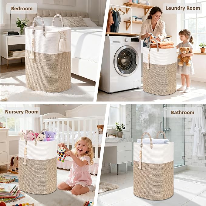 Woven Laundry Basket for Clothes, 80L Large Rectangle Laundry Hampers with Beads Tassel, Nursery Storage Basket for Toys, Tall Dirty Clothes Hamper for Bedroom Aesthetic, Laundry Room Organization