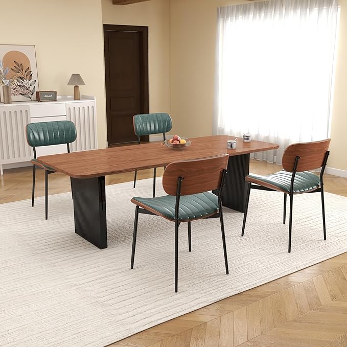 Mid Century Modern Dining Chairs Set of 2,Upholstered Faux Leather Kitchen Chairs with Walnut Bentwood Back and Metal Legs for Kitchen Dining Room Living Room, Green