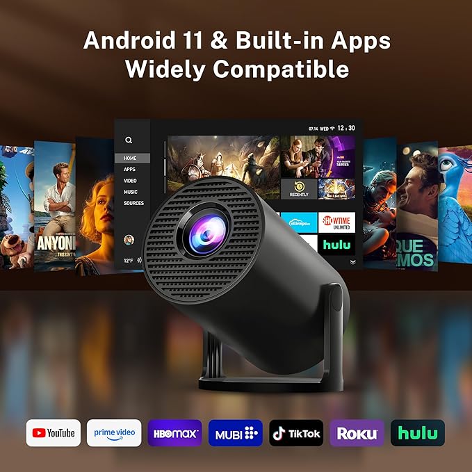 Mini Projector with WiFi 6 and Bluetooth 5.4 Built-in Android 11, 1080P 4K Support Portable Projector, Auto Vertical Keystone, LYNCAST 180° Rotatable Projector for Home,Outdoor OptiBarrel 500 Black