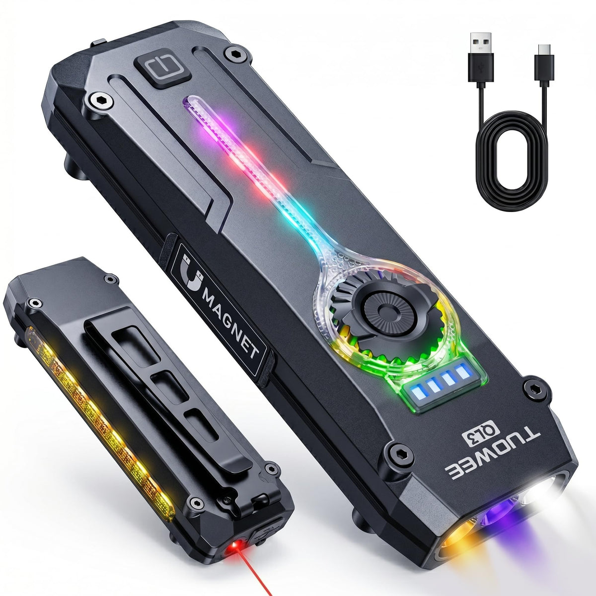 UV Flat EDC Flashlight Rechargeable 1800 High Lumens Pocket Light with RGB,Magnetic Base Small Flashlights with Dual Switch,Stepless Dimming,USB-C Waterproof Work Flash Light for Work,Home,Emergencies