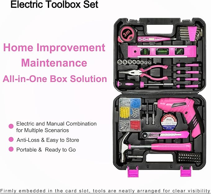 Pink Toolbox Essentials for Women Girls Starter DIY Drilling Kit with Cordless Power Tools, Electric Drill, Hammer, Screwdriver Sets, Mini Hand Tools, and Combo Bits for Home Repair Household Gift