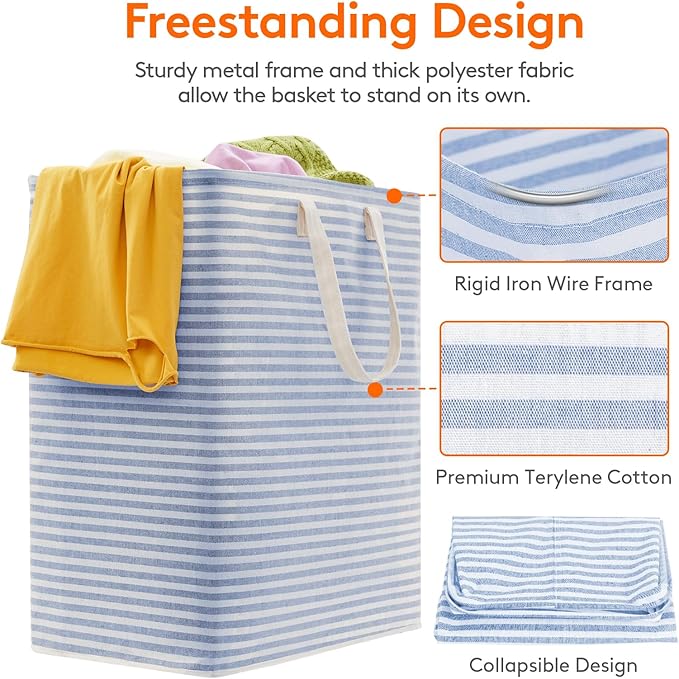 Lifewit Laundry Hamper Large Collapsible Laundry Basket, Freestanding Waterproof Clothes Hamper Storage with Easy Carry Handles for Clothes in Bedroom Bathroom College Dorm for Adults, Blue, 100L