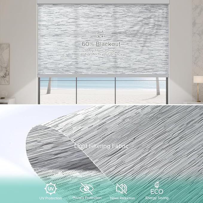 Kilonity Motorized Roller Shades, Light Filtering Remote Control Custom Window Shades Compatible with Alexa Google Assistant via RF Hub, Rechargeable Electric Blinds for Windows (Texture Grey)