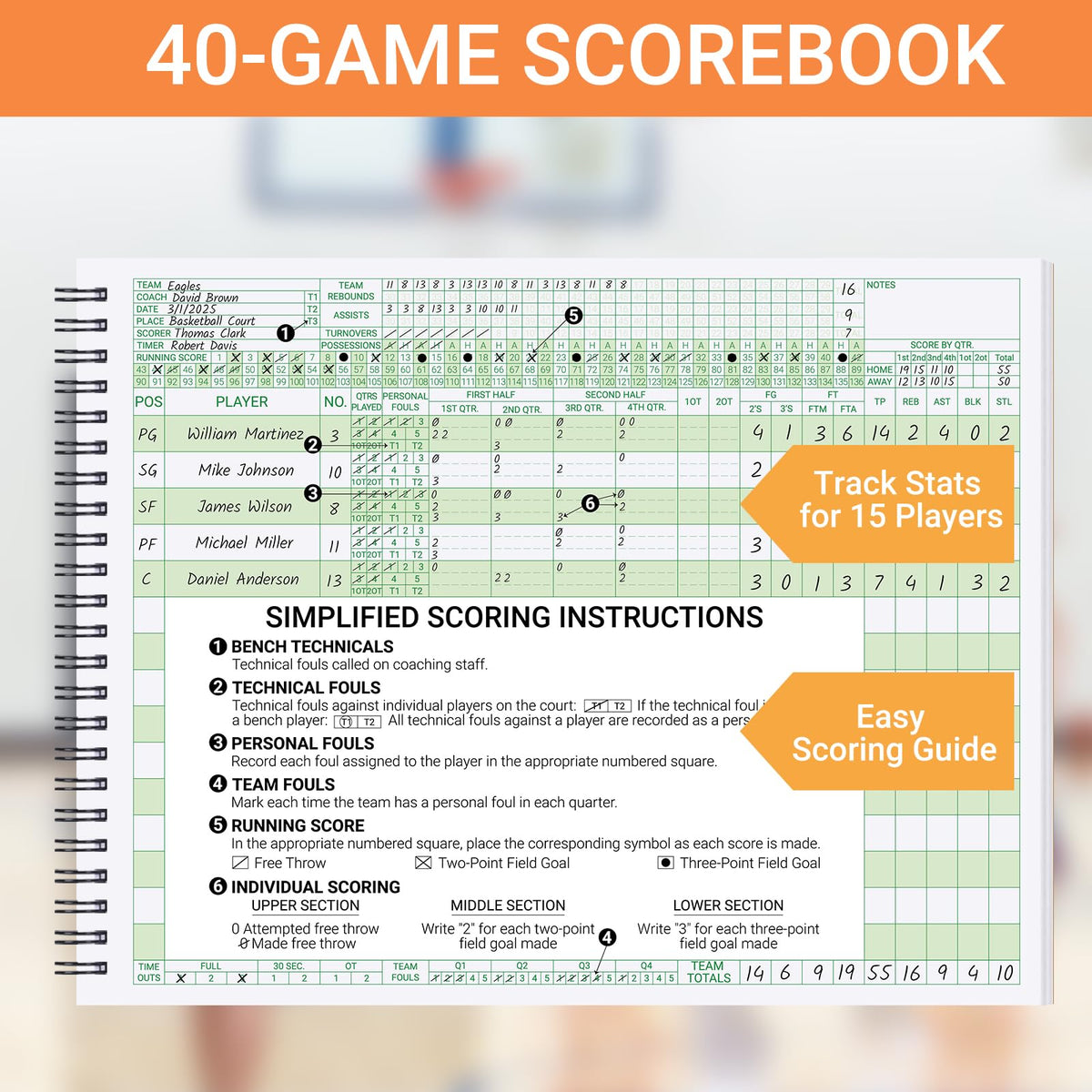 suituts Basketball Scorebook 40 Games Score Book Side by Side Basketball Stat Tracking Book for High School, Middle School or League Use