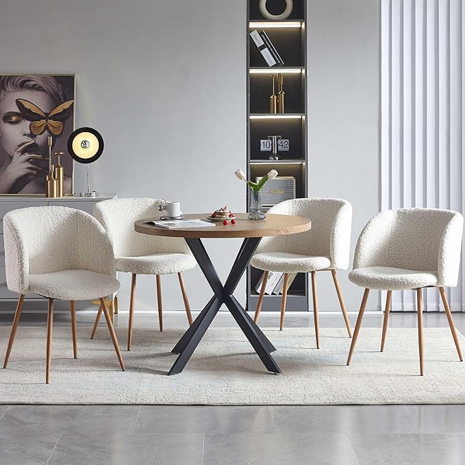 5 Pieces Dining Table Set for 4, 37-Inch Dia Round Home Kitchen Dinner Table with Thick Tabletop, 4 Seated Upholstered Arm Chairs, Faux Wood Round Table with Comfy Barrel Accent Chair