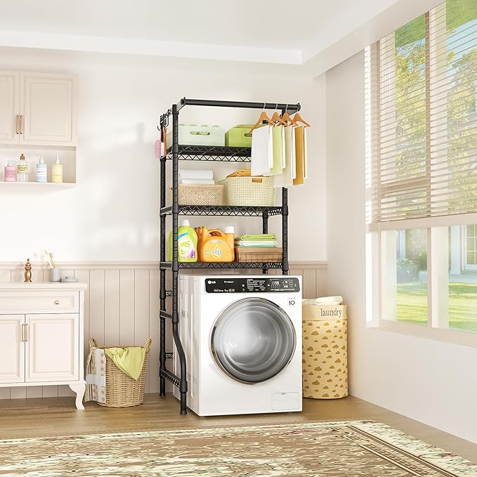 Ulif U11 Mini Over Washer and Dryer Shelves, 3 Tiers Laundry Room Storage and Organizer Standing Shelf, Metal Freestanding Clothes Drying Rack, 28.3”W x 19.7”D x 77.6”H, Black