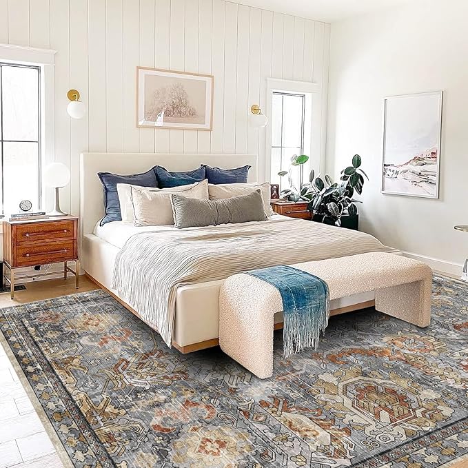 RUGSURE Washable Area Rugs - Perfect for Living Room, Bedroom, Kids Room, Nursery - Stain & Water Resistant Non-Slip, Pet & Child Friendly, Vintage Tribal Area Rugs (Turmeric and Grey, 6' x 9')