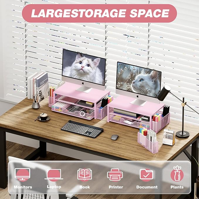 Desk Organizers and Accessories, 2-Tier Computer Monitor Stand Riser with Drawer and 2 Pen Holders, Laptop Stand, Office Desk Accessories for Office Supplies, Pink