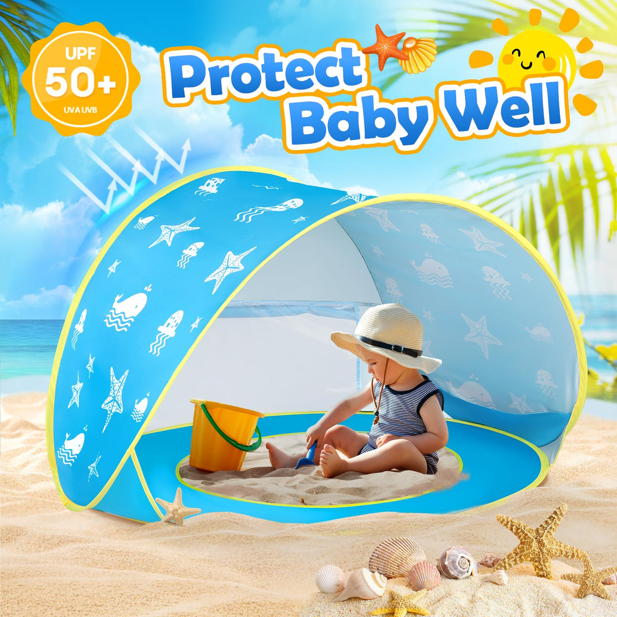 Monobeach Baby Beach Tent Ocean Pop Up Portable Shade Pool UPF50+ UV Protection Sun Shelter for Infant with Easy Set Up Canopy
