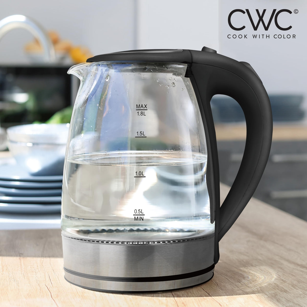 COOK WITH COLOR Electric Tea Kettle, 1.8L Cordless Hot Water Boiler, 1200W Rapid Boil, Auto Shutoff & Boil Dry Protection, BPA-Free, Sleek Countertop Design, Black