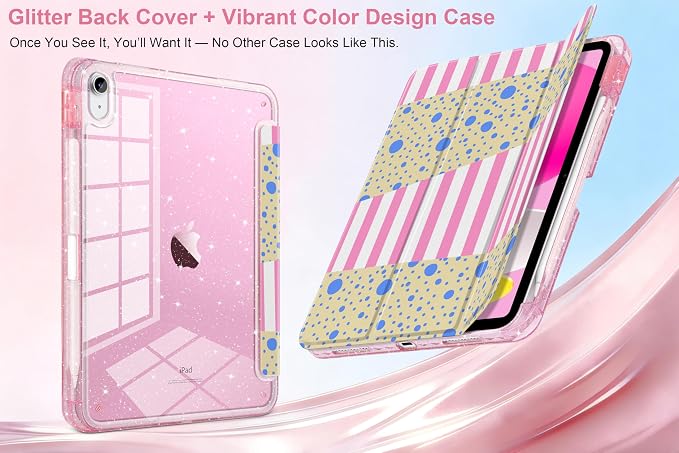 MEEgoodo Case for iPad A16 11th Generation 2025/10th Generation 2022 Glitter Tablet Cases with Transparent Acrylic Back+Trifold Stand +Pencil Holder+Auto Wake/SleepAbstract Sun &amp Palm Tree