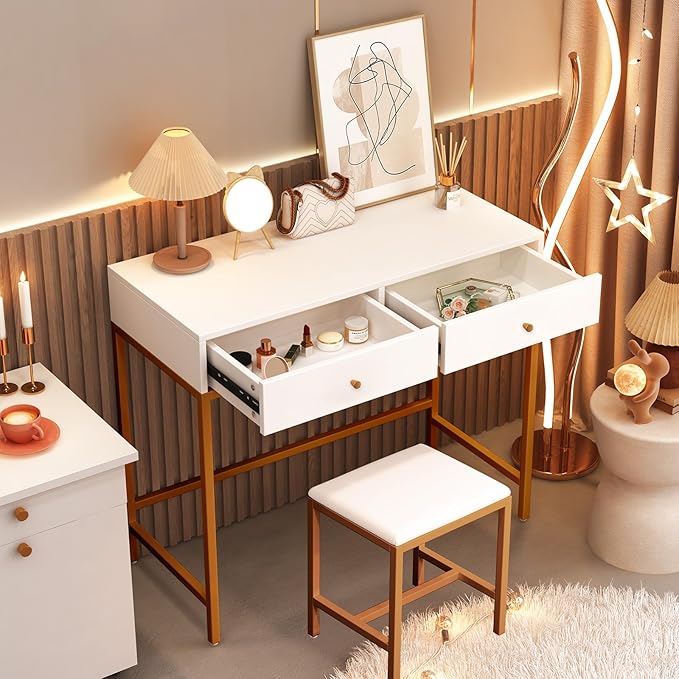 36" Small Vanity Desk, White Makeup Table No Mirror for Bedroom with 2 Storage Drawers, Girls Vanity Desk, Compact Makeup Table