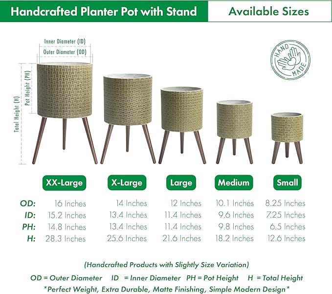 D'vine Dev 12 Inch Modern Geometric Tile Patterned Sleek Planter Pot with Stand, Indoor Outdoor Decorative Plant Holder, Distressed Olive, 88-Z-C-4