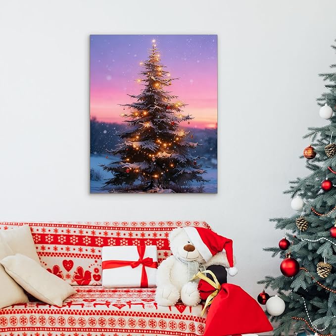 Framed Christmas Pictures Wall Decor,Vintage Pine Tree Prints,Winter Christmas Canvas Wall Art Decoration for Bedroom Bathroom Living Room Rustic Xmas Holiday Gifts (Christmas Tree 12, 20'' X 32'')