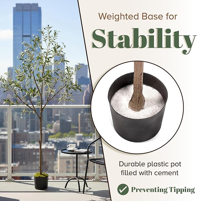 Olive Trees Artificial Indoor 7FT Tree with Rechargeable LED Spotlight, Decorative Moss & Weighted Pot – Tall Realistic Olive Plant for Home, Office, or Event Décor (7FT)