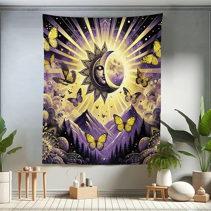 Ambesonne Boho Tapestry Twin Size, Sun and Moon Art Concept Esoteric Mountain Scene with Dancing Butterfly, Wall Hanging Bedspread Bed Cover Wall Decor, 68" X 88", Violet Mustard Dark Grey