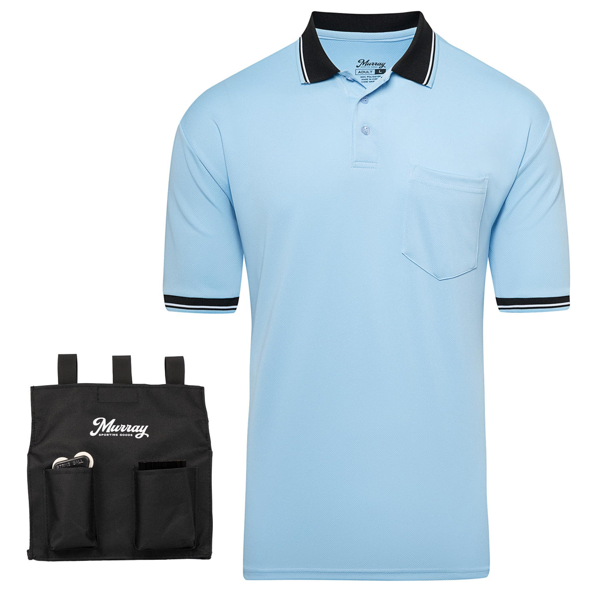 Murray Sporting Goods Baseball/Softball Umpire Shirt Accessory Bundle - Shirt, Bag, Brush, Indicator Clicker Accessory Kit (Light Blue, Small)