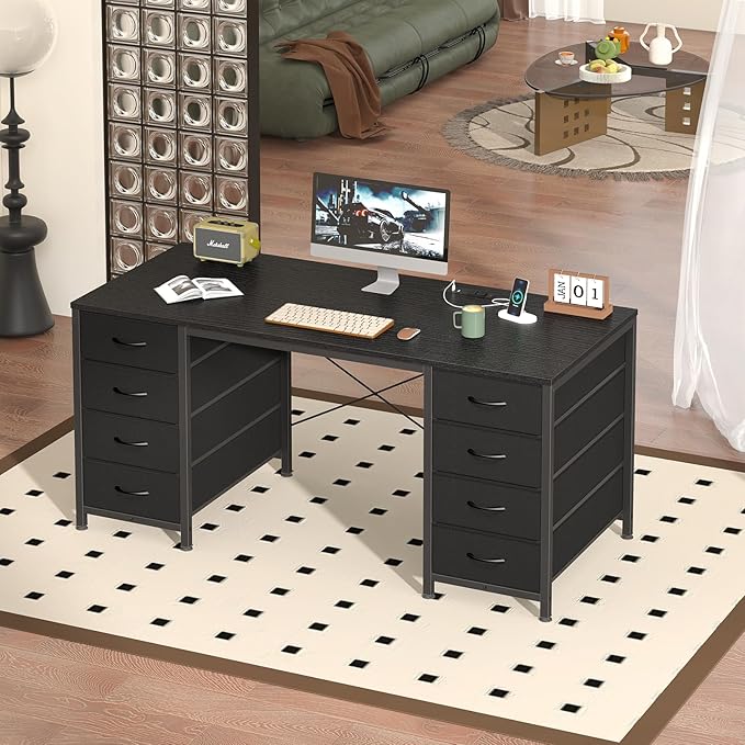 50 Inch Computer Desk with 8 Drawers, Home Office Desk with Power Outlets, Work Study Gaming Desk with 8 Fabric Drawers, Black