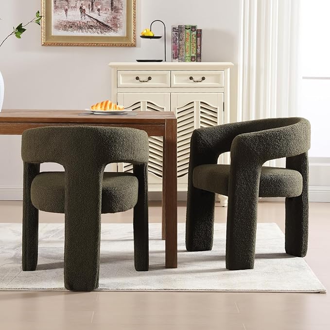 Modern Sherpa Barrel Dining Chair Upholstered Faux Fur Dining Room Chair with Arm Comfy Accent Side Chair for Kitchen/Living Room/Reception, Green, 1 PC