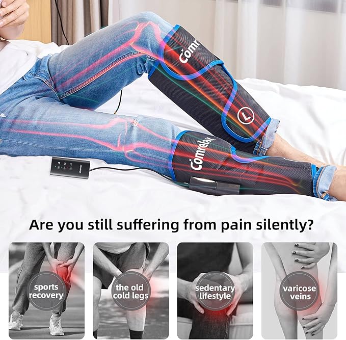 comrelax Rechargeable Leg Massager with Heat for Circulation Air Compression Pain Relief Calf Foot Massager Electric Machine Massage Handheld Controller 3 Intensities 3 Modes