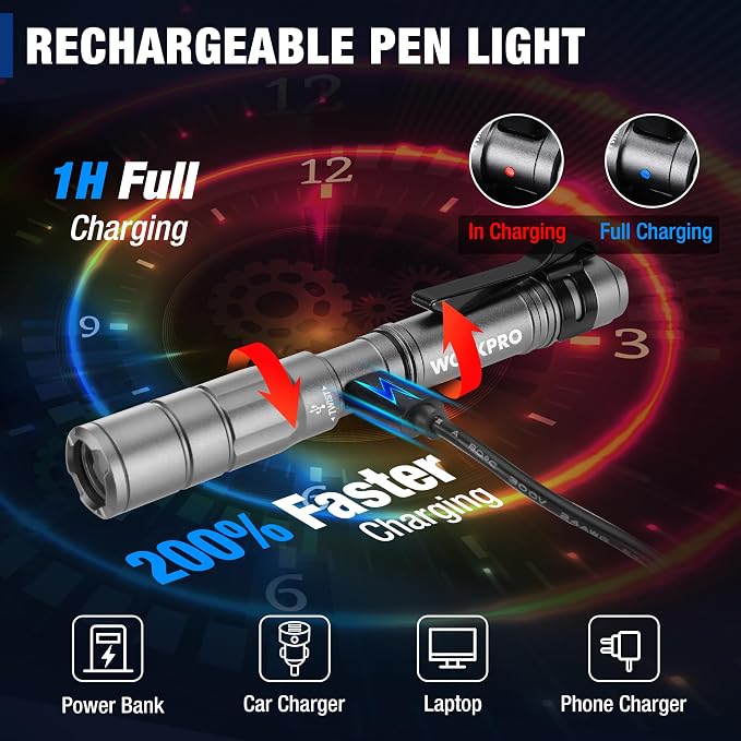 WORKPRO Rechargeable Pen Light 2 Pack Ultra-Compact EDC Flashlight Black | Mini Flashlight Pocket Flashlight with Clip Memory Function and 2 x USB C Cable Included