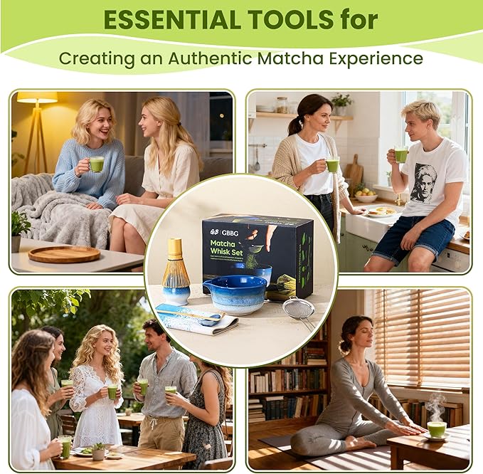 GBBG Matcha Whisk Set, Ceramic Matcha Kit Desert Style, Matcha Whisk and Bowl, Bamboo Scoop and Rest, Sifter and Tea Towel, 7 Pcs Gifts for Matcha Lover (Blue)