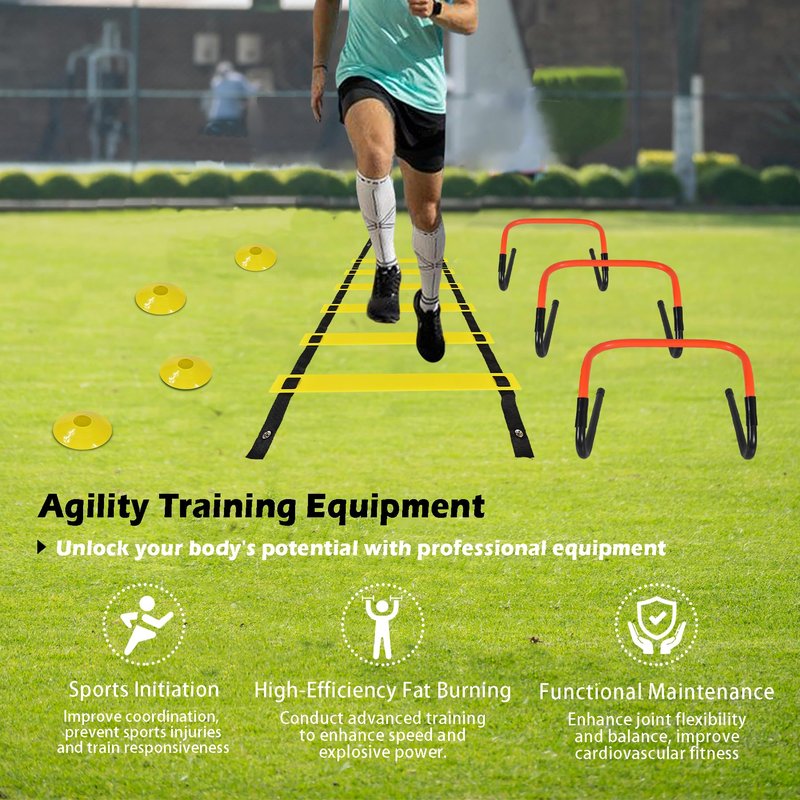 ASENVER Soccer Training Equipment Set, Multifunctional Football Gear with 4 Adjustable Hurdles 9.8 feet 6 Rungs Agility Speed Ladder (Orange)