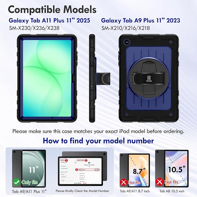 Case for Galaxy Tab A11 Plus 11 Inch 2025 and Galaxy Tab A9 Plus 11 Inch 2023 Heavy Duty Shockproof Rugged Protective Case with 360 Rotating Stand Kickstand Hand Strap and Shoulder Strap