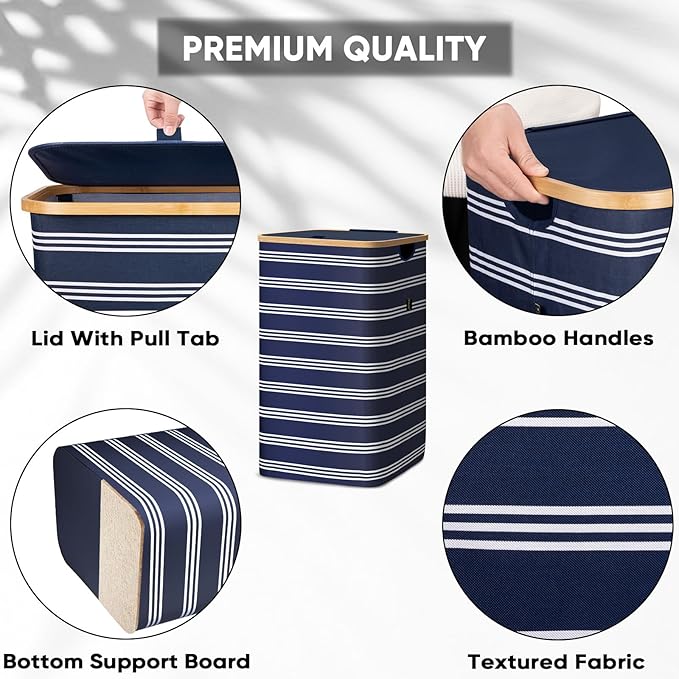BALEINE Laundry Hamper with Lid, Tall Laundry Baskets with Bamboo Pull Handles, Large Laundry Bin with Internal Support (26 Gal/100L, Blue Pinstripe)