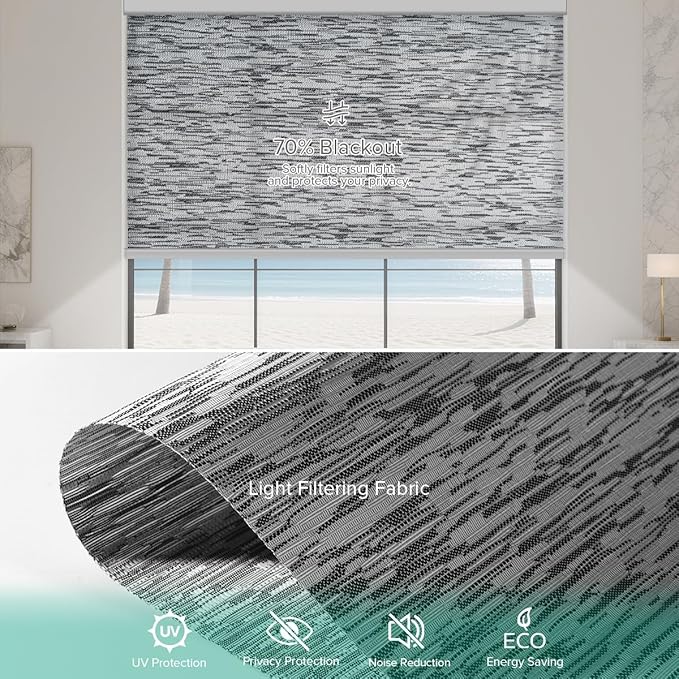 Kilonity Motorized Roller Shades, Light Filtering Remote Control Custom Window Shades Compatible with Alexa Google Assistant via RF Hub, Rechargeable Electric Blinds for Windows (Texture Black Grey)