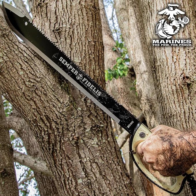United Cutlery USMC Semper Fi Sawback Machete Knife with Sheath | Full-Tang Machete | 17 1/2" Non-Reflective Stainless Steel Blade | Saber-Style Handguard Handle | Modern Tactical Weapon - 24” Overall