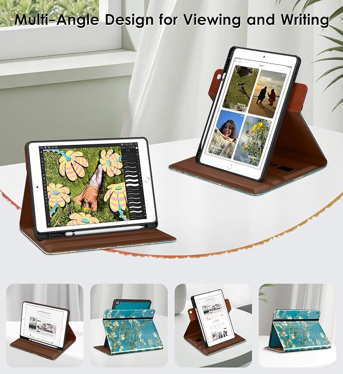 DTTO for iPad 9th/8th/7th Gen Case 10.2 Inch (2021/2020/2019) Brown | 360 Degree Rotating Premium Faux Leather Folio Stand Cover with Pencil Holder Auto Sleep/Wake Multiple Angles Hand Strap