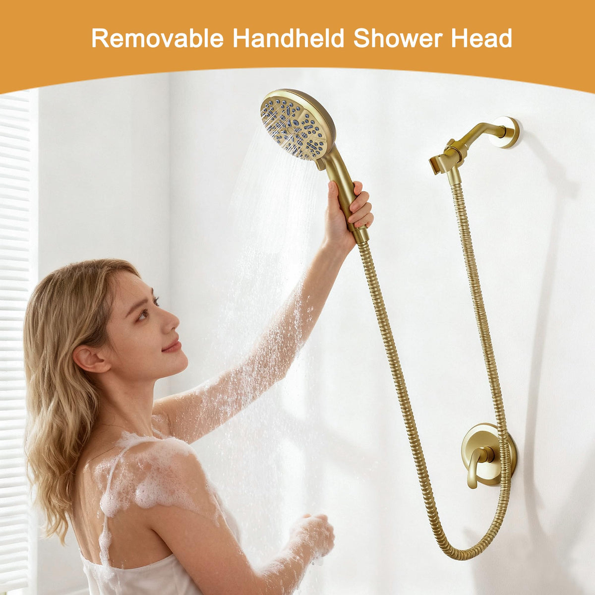 BRAVEBAR Single-Handle Gold Shower Faucet Set - Brushed Gold Shower Head and Handle Set, Shower Trim Kit with 7 Modes Handheld Shower Head System, Faucet Shower Fixtures with Valve Included