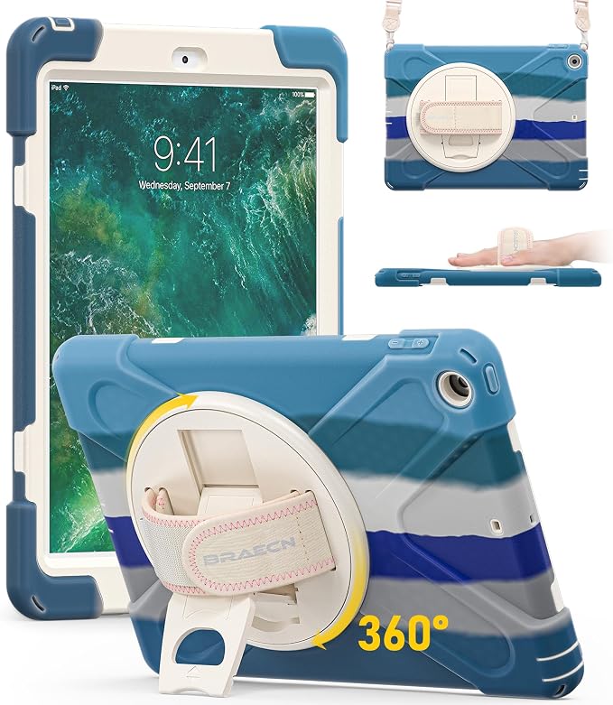 BRAECN Case for iPad 6th/5th Generation - 9.7 inch 2018/2017 Black | Protective Heavy Duty Shockproof Rugged Cover for Kids/Adults 360° Rotating Hand Strap/Stand &amp Detachable Shoulder Strap