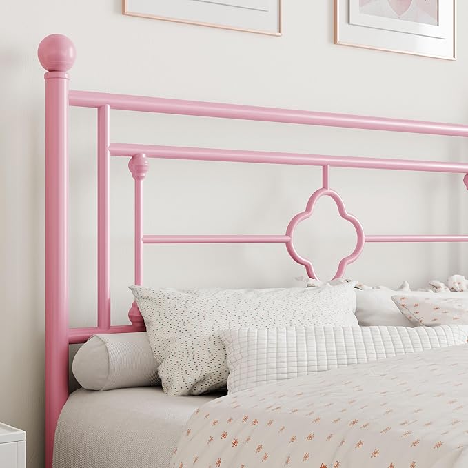 SHA CERLIN 14 Inches Queen Size Metal Platform Bed Frame/Vintage Iron-Art Headboard and Footboard/Mattress Foundation for Storage/No Box Spring Needed/Noise-Free/Easy Assembly/Pink