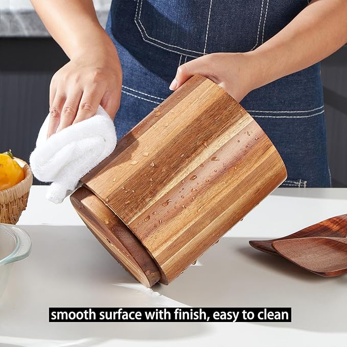 Acacia Wood Utensil Holder for Kitchen Counter, 360° Rotating 7.2" Wooden Cooking Utensil Crock for Countertop, Farmhouse Kitchen Decor