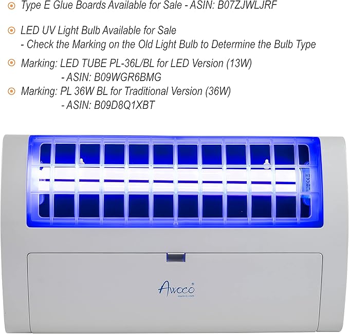 Awoco LED 13W 100V-240V Wall Mount Sticky Fly Trap Lamp XL 78” Extra Long Power Cord for Capturing Flies, Mosquitoes, Moths and Flying Insects (Fly Trap XL + 6 Glue Boards)
