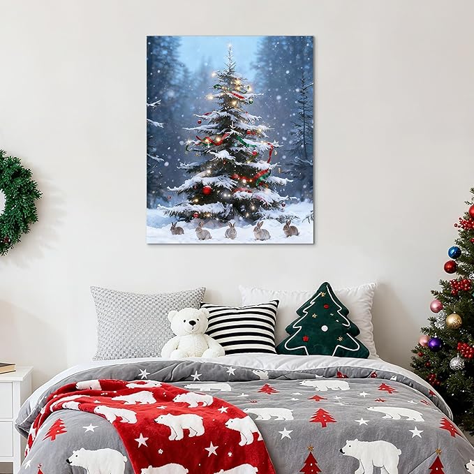 Framed Christmas Pictures Wall Decor,Vintage Pine Tree Prints,Winter Christmas Canvas Wall Art Decoration for Bedroom Bathroom Living Room Rustic Xmas Holiday Gifts (Christmas Tree 17, 12'' X 16'')