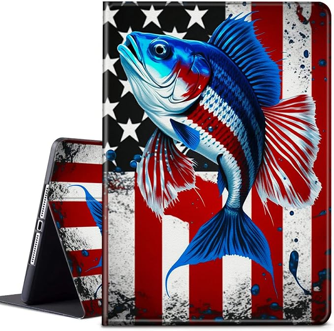 Case for Samsung Galaxy Tab A9 Plus 2023/A11 Plus 2025 11 inch Lightweight Protective PU Leather Smart Stand Cover with Auto Wake Sleep Tablet Case Cover - American Flag &amp Fish