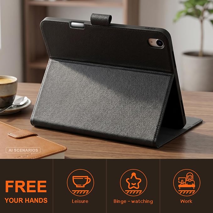 Leather Case for iPad 11th/10th Gen (11/10.9) Black | Genuine Leather Pencil Holder Adjustable Stand Magnetic Closure Auto Wake/Sleep