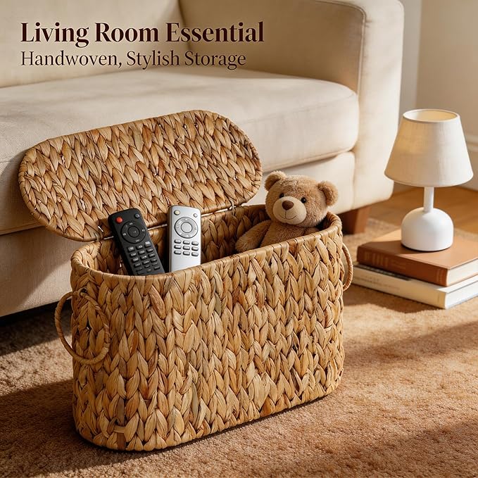 Toilet Paper Storage Basket,Water Hyacinth Wicker Basket with Lid and Handles for Bathroom Organizer and Storage,Toilet Paper Holder Stand with Storage,Papers Container for up to 6 Mega Rolls
